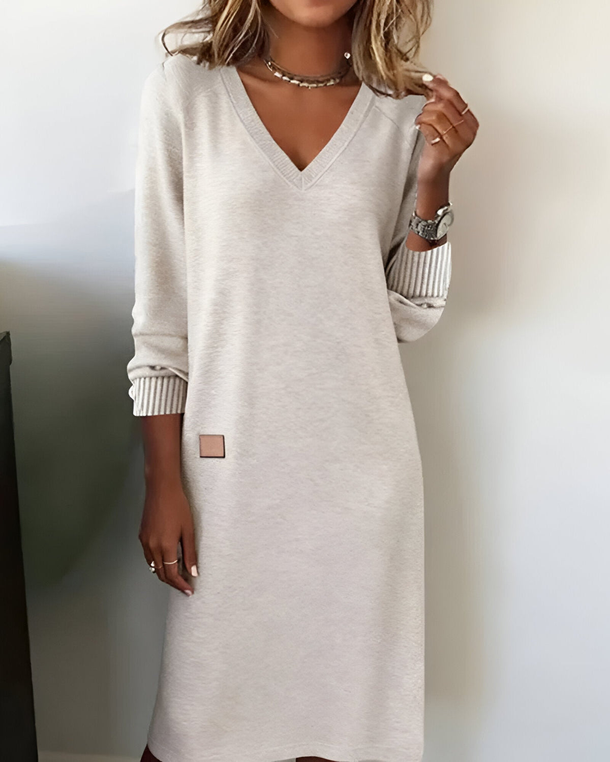 Strickkleid Damen | V-Ausschnitt Langarm