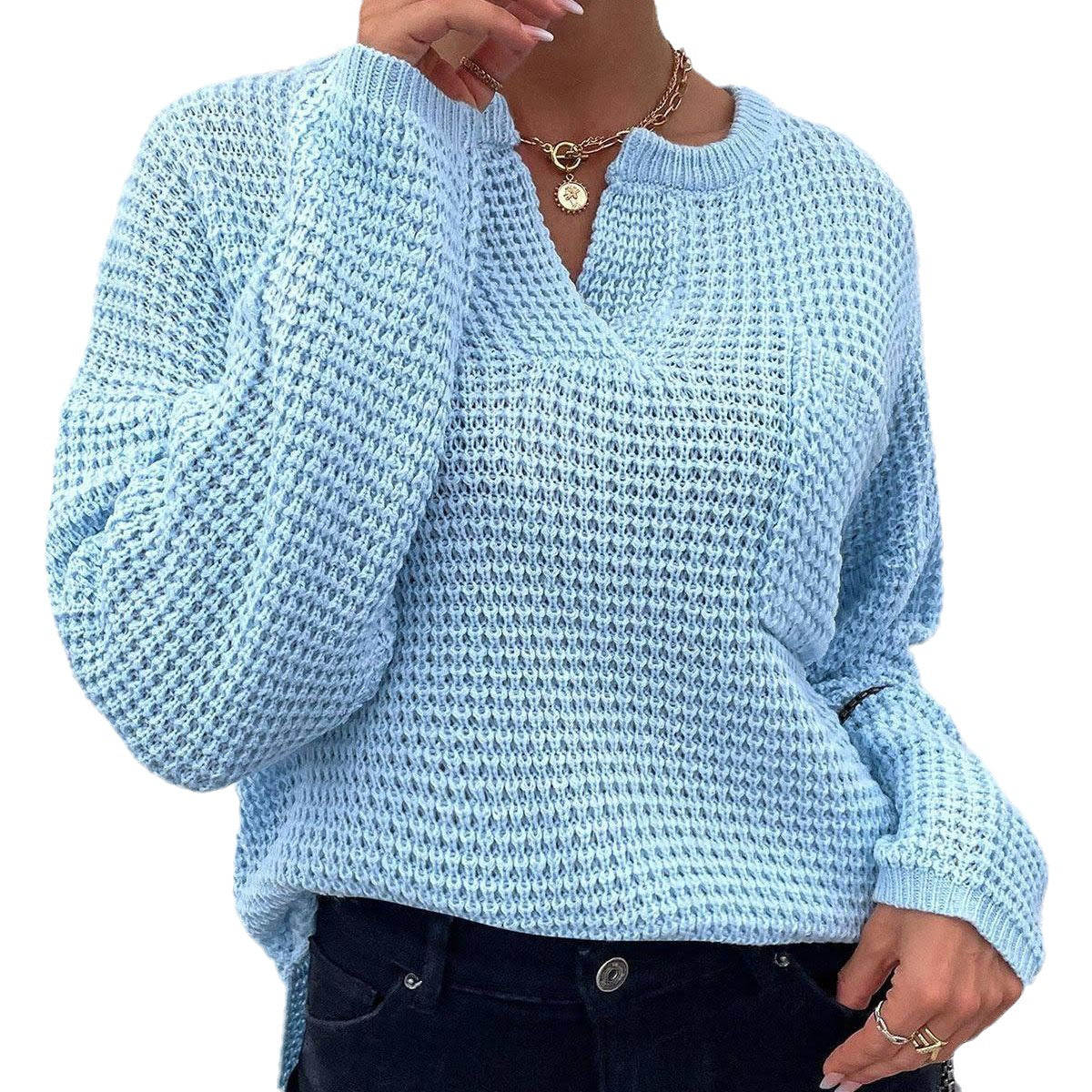 Druvaine | Damen Strickpullover Waffelstrick Oversize - Light Blue - Image 5
