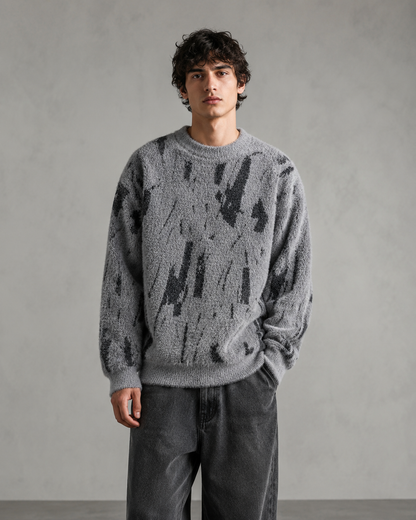 Full view of the abstract sweater showing its long sleeves