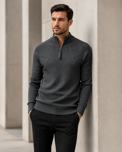 Full product view of a versatile men's zip-front knit sweater