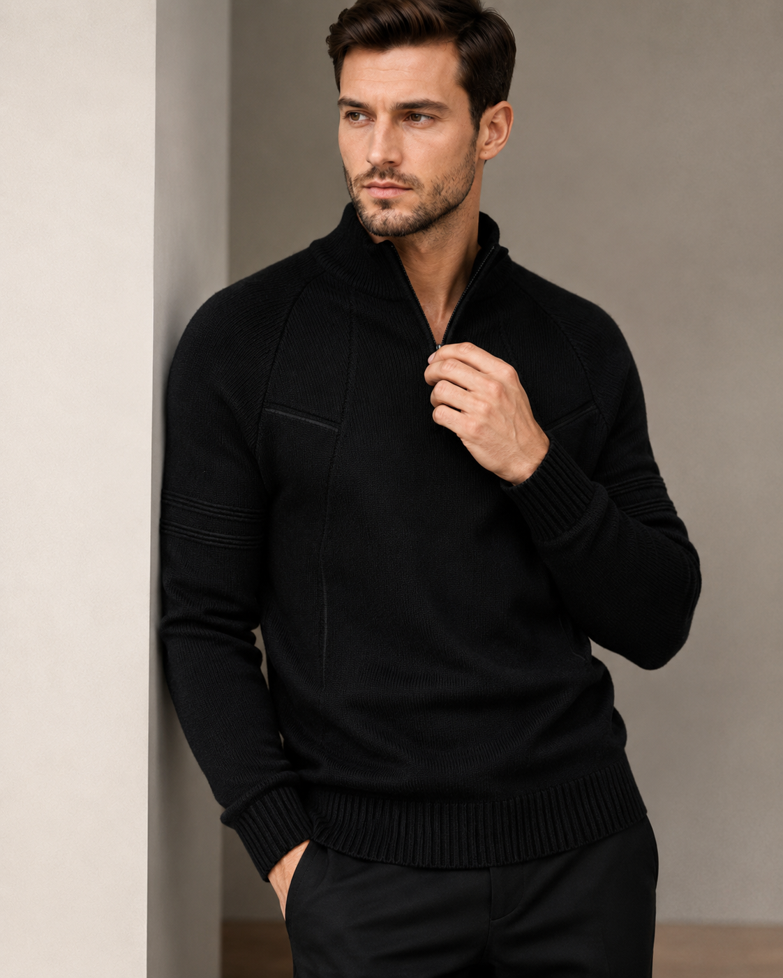 Side view showing the fitted shape of the men's knit sweater