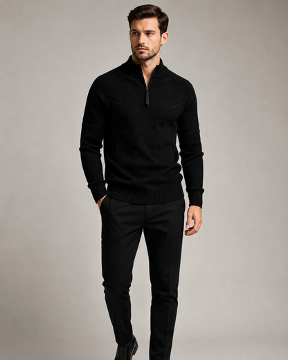 Men's sweater shown at the neckline with a structured front zip