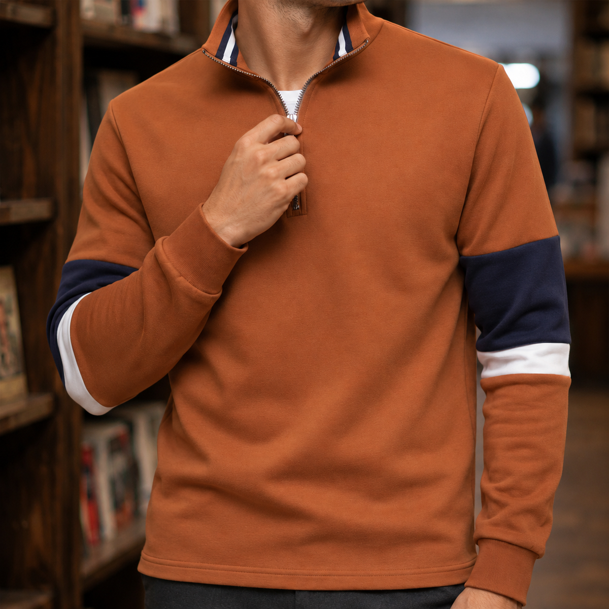 Men's quarter-zip cotton-blend sweater shown from the front
