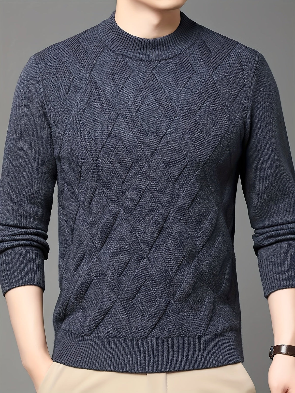 Eldmund | Herren Strickpullover Stehkragen Strukturmuster - Teal - Image 12