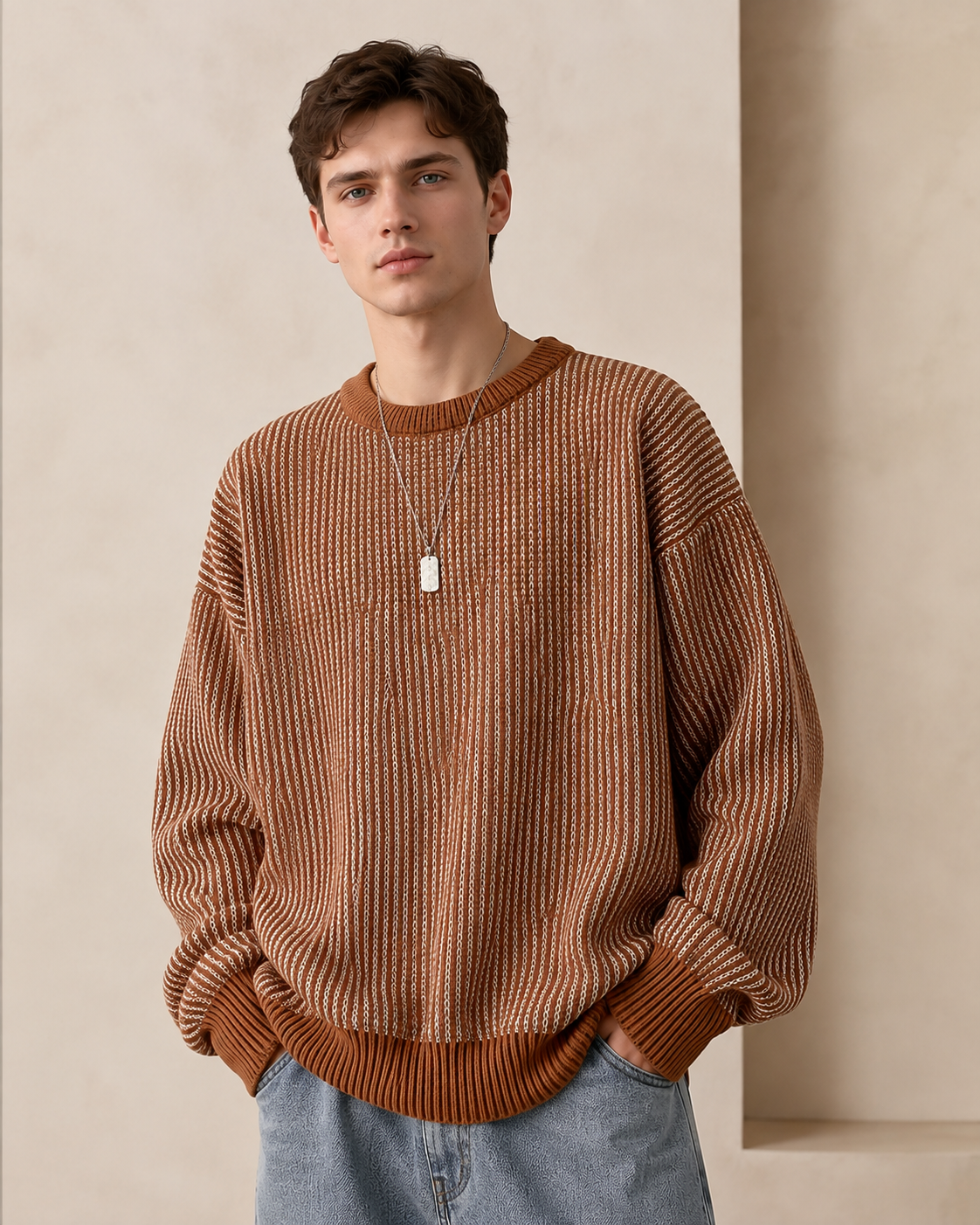 Sleeve and cuff detail on the textured stripe sweater