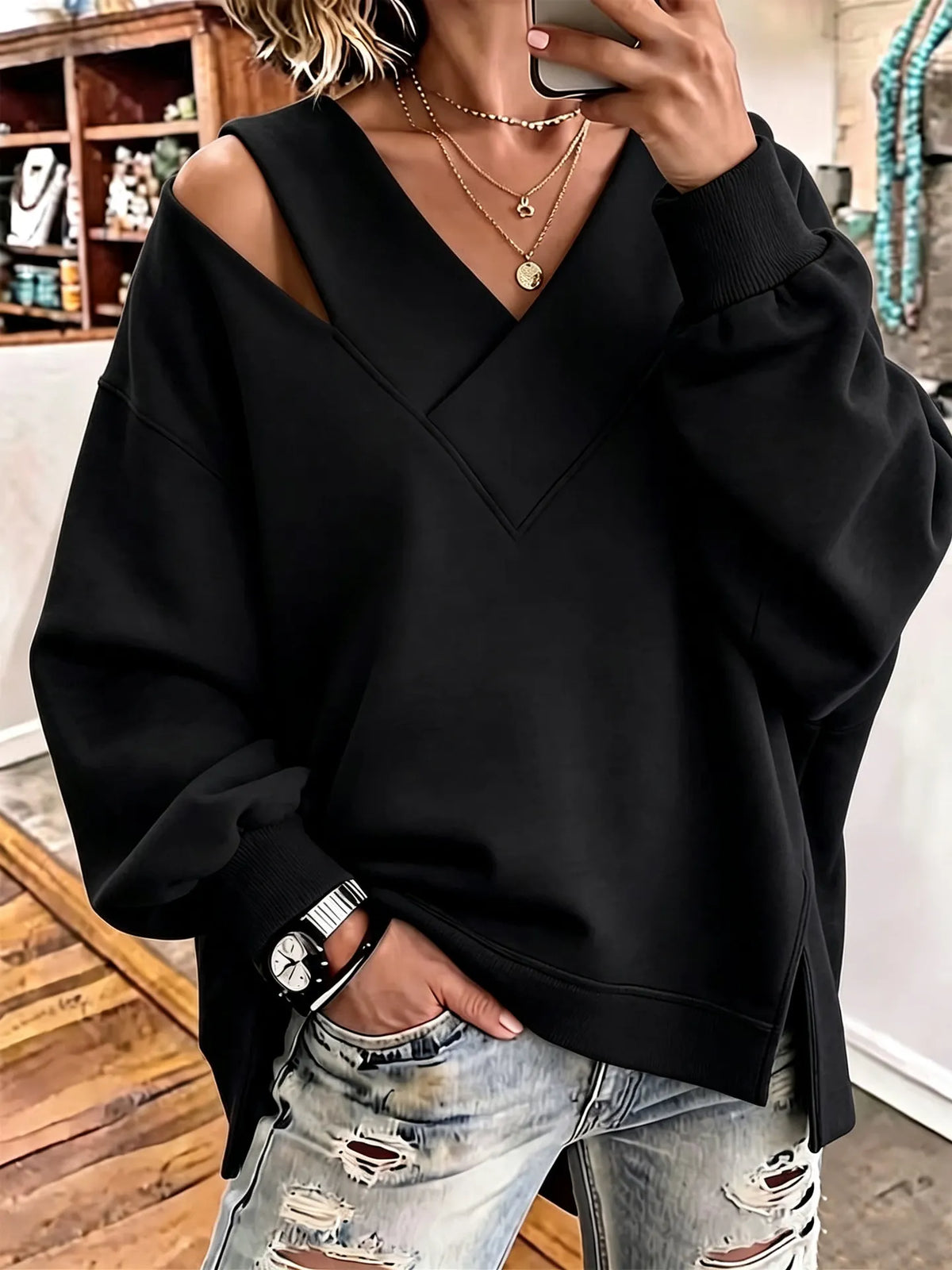 Sweatshirt Damen | V-Ausschnitt mit Cut-out-Details 4