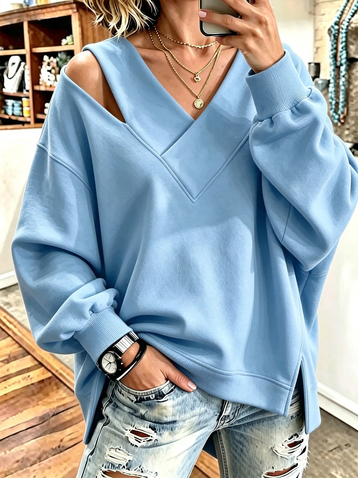 Sweatshirt Damen | V-Ausschnitt mit Cut-out-Details 7