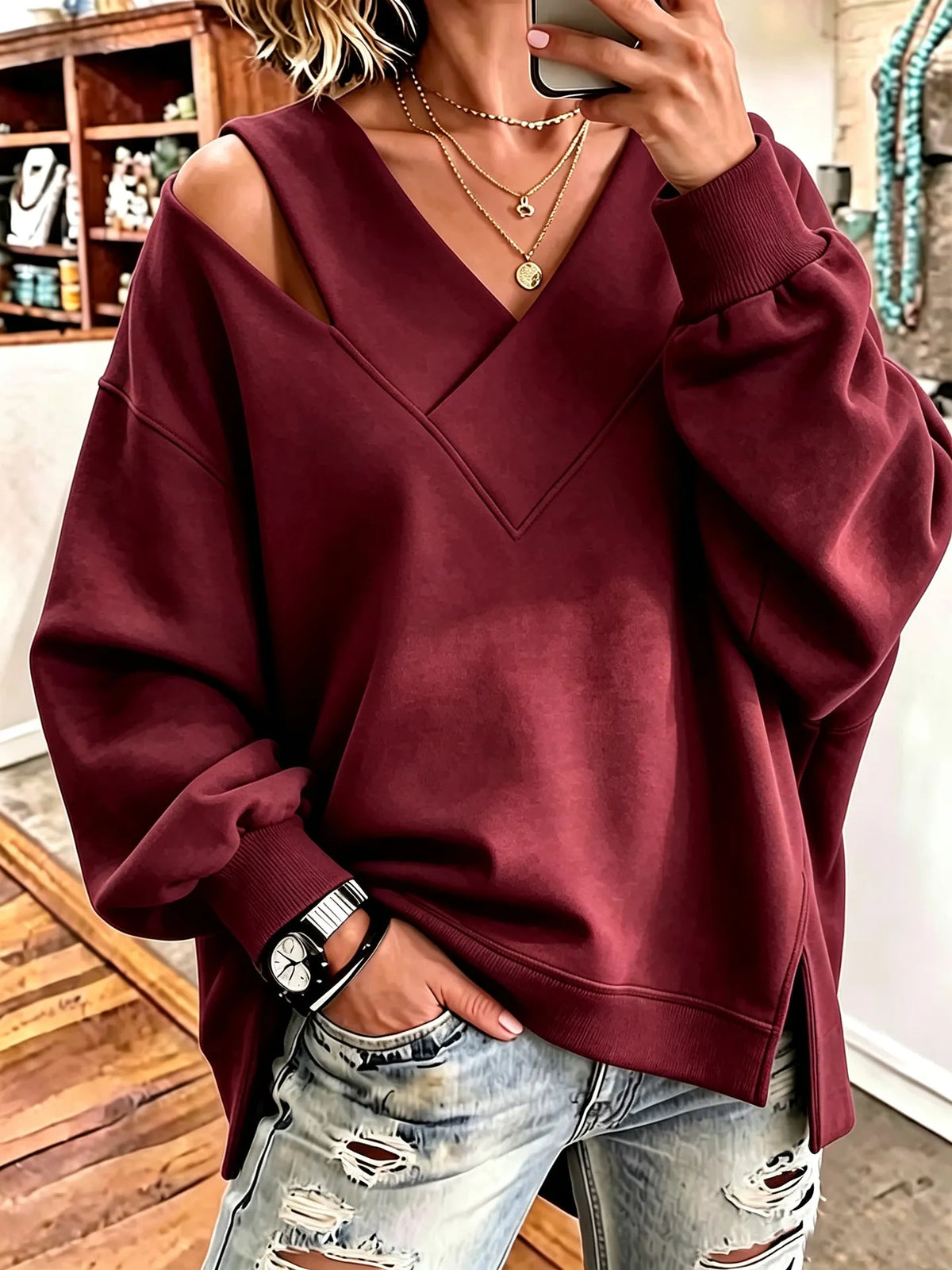 Sweatshirt Damen | V-Ausschnitt mit Cut-out-Details 8