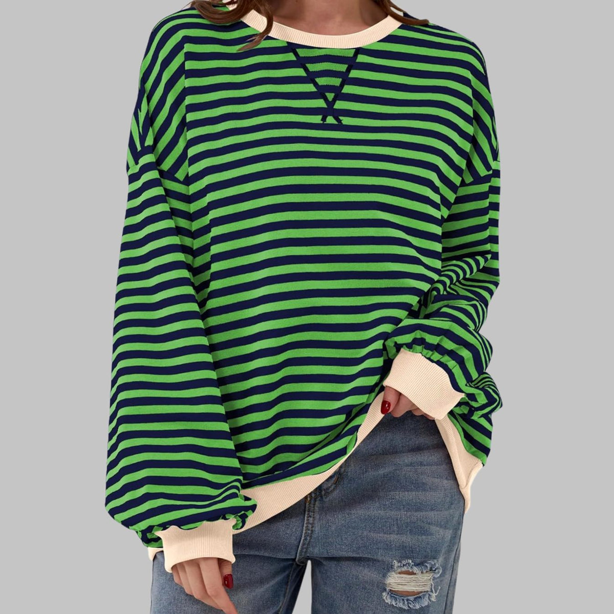 Sweatshirt Oversize Damen | Retro-Streifen & Kontrastbündchen