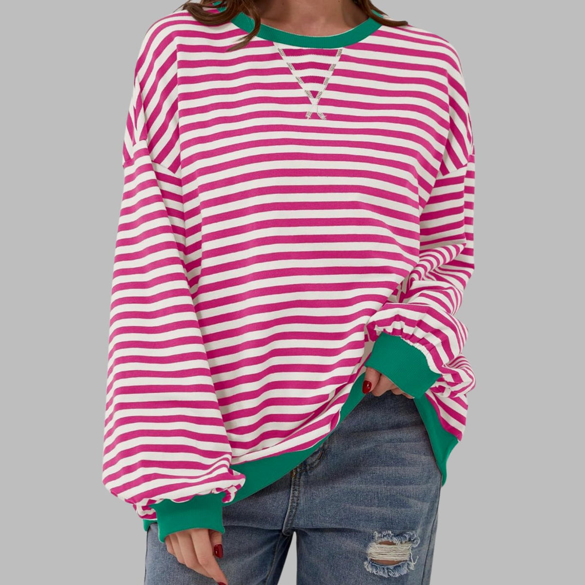 Sweatshirt Oversize Damen | Retro-Streifen & Kontrastbündchen