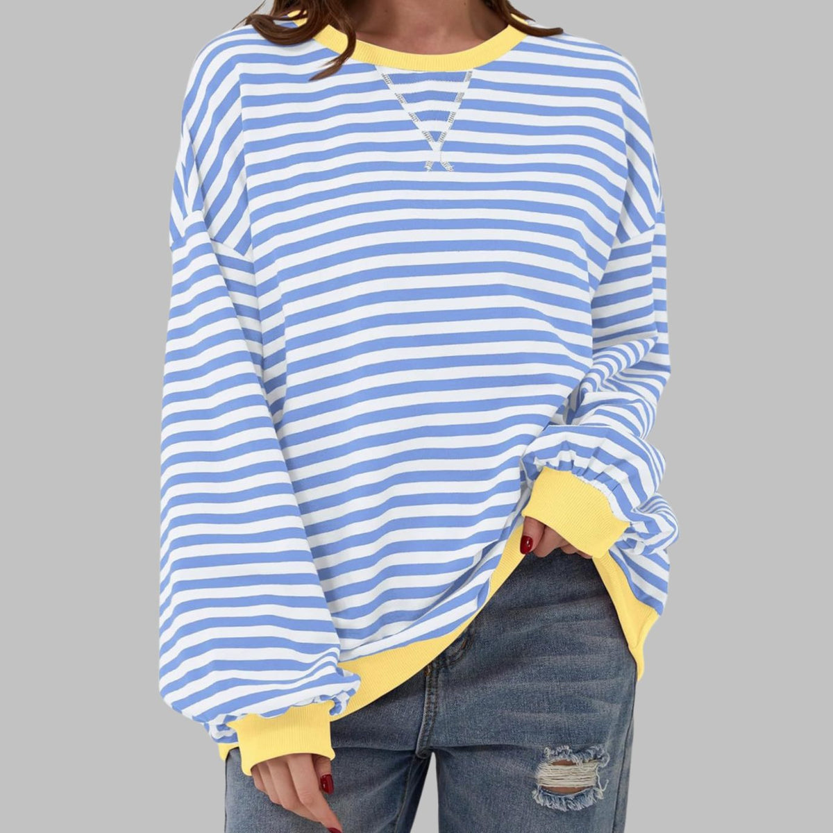 Sweatshirt Oversize Damen | Retro-Streifen & Kontrastbündchen