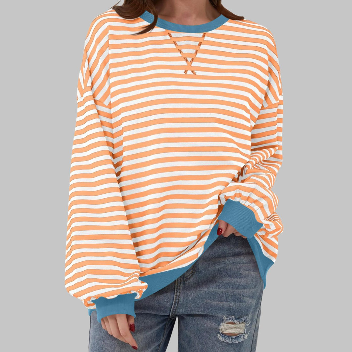 Sweatshirt Oversize Damen | Retro-Streifen & Kontrastbündchen