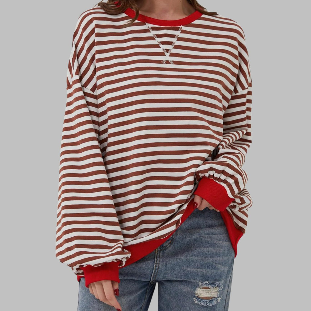 Sweatshirt Oversize Damen | Retro-Streifen & Kontrastbündchen