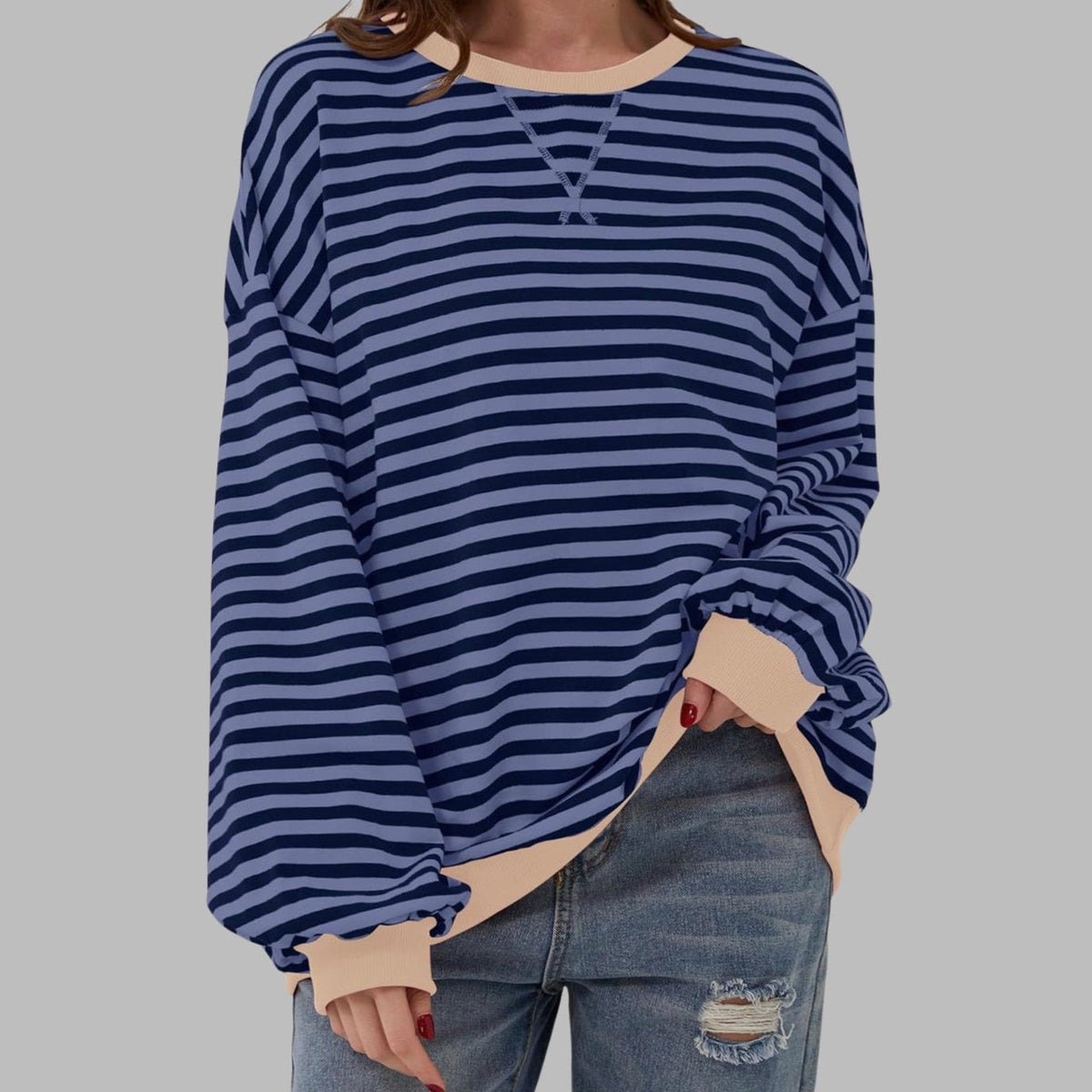 Sweatshirt Oversize Damen | Retro-Streifen & Kontrastbündchen