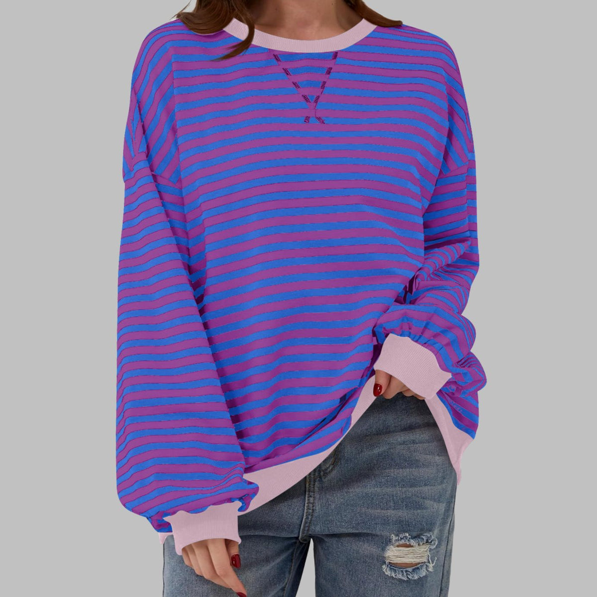 Sweatshirt Oversize Damen | Retro-Streifen & Kontrastbündchen