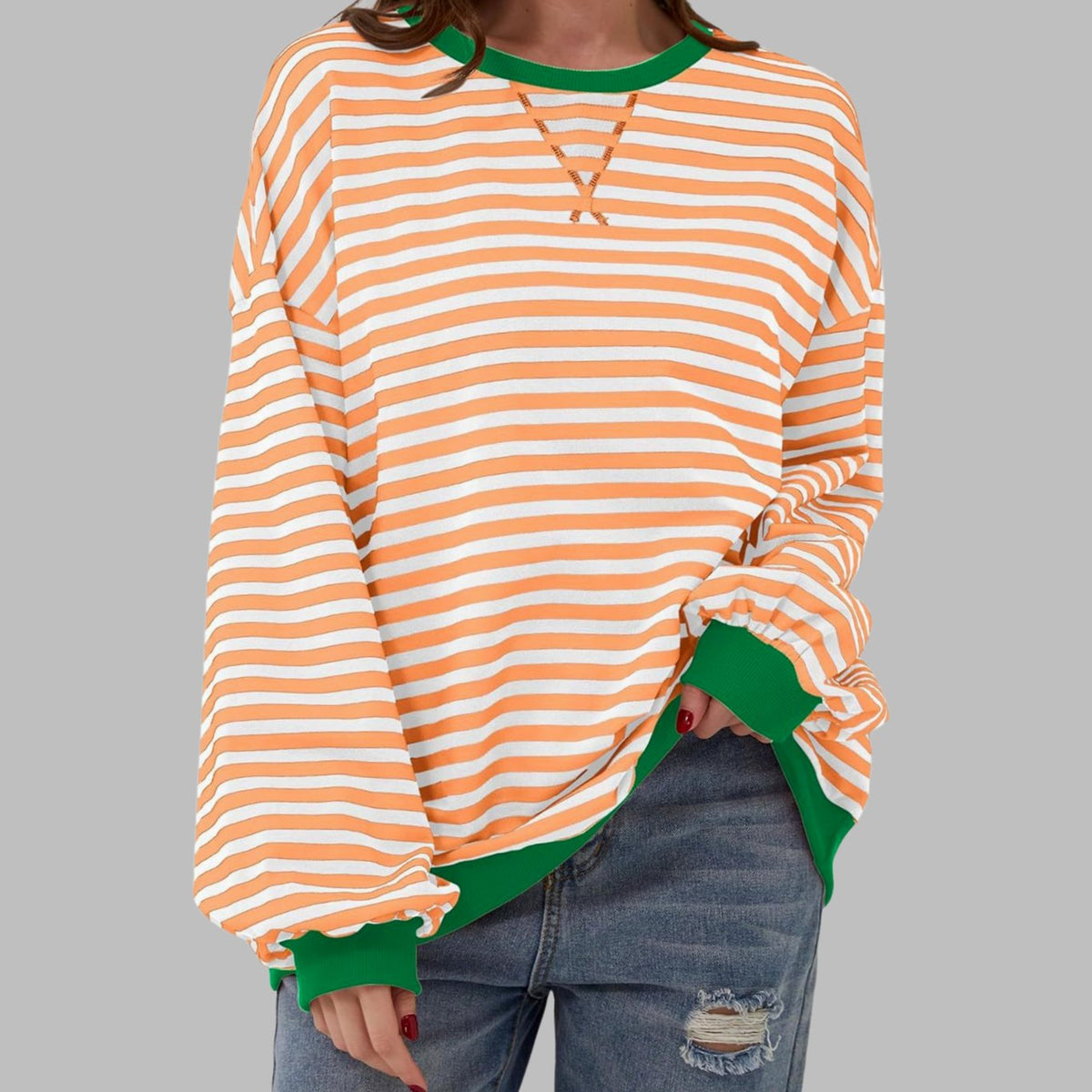 Sweatshirt Oversize Damen | Retro-Streifen & Kontrastbündchen