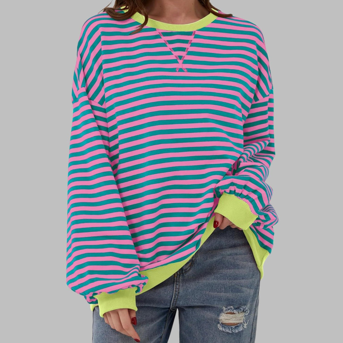 Sweatshirt Oversize Damen | Retro-Streifen & Kontrastbündchen