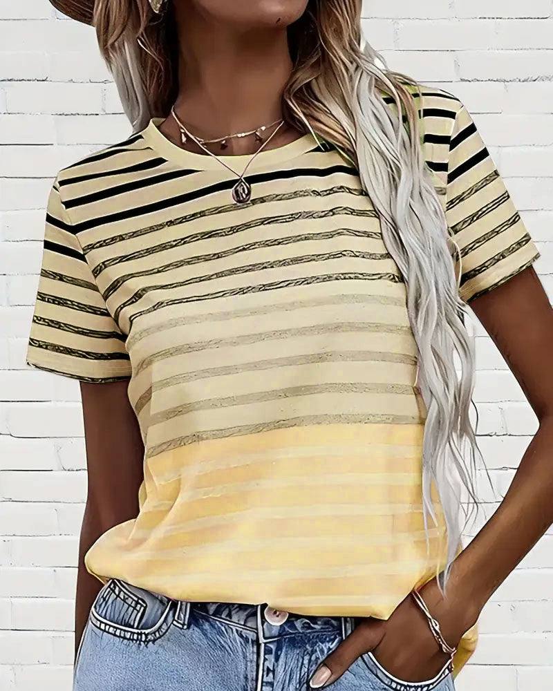 T-Shirt Damen | Streifen-Farbverlauf & Lässiger Rundhals
