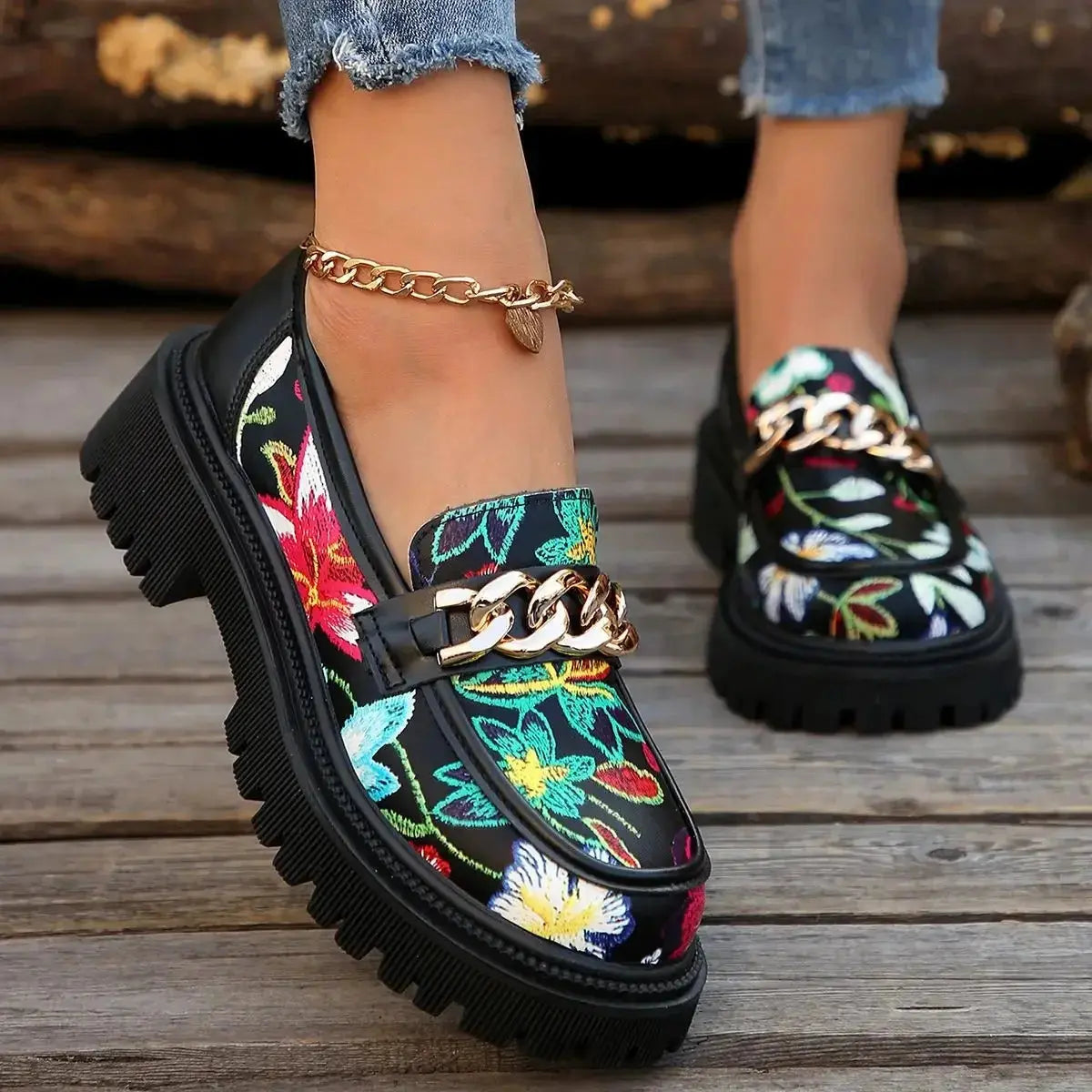 Mokassins Damen | Goldkette & Chunky Plateau Sohle