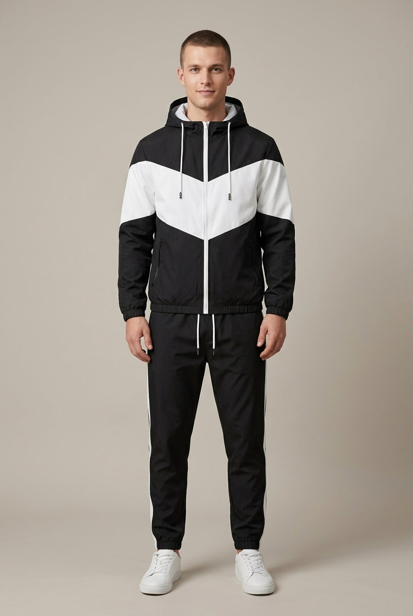 Men's two-piece hooded track jacket and jogger set shown together