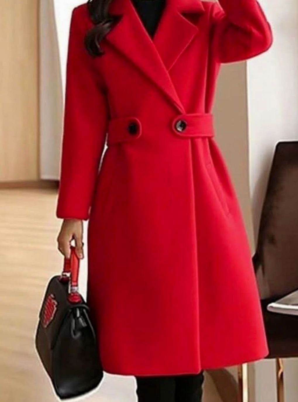 Mantel Damen Klassischer Woll-Trenchcoat Langer Eleganter Wintermantel - Rot