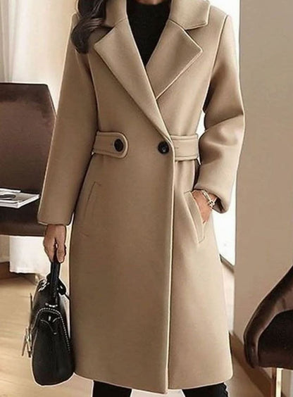 Mantel Damen Klassischer Woll-Trenchcoat Langer Eleganter Wintermantel - Beige