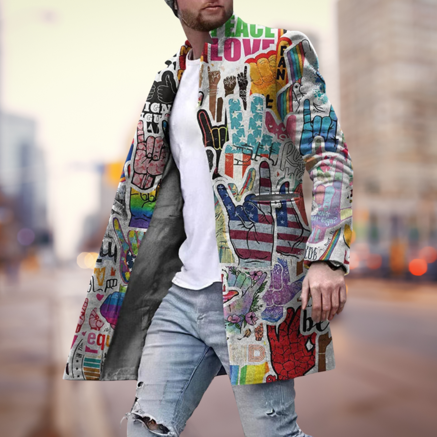 Trendiger Herrenmantel – Grafisches Design und Leichter Stoff