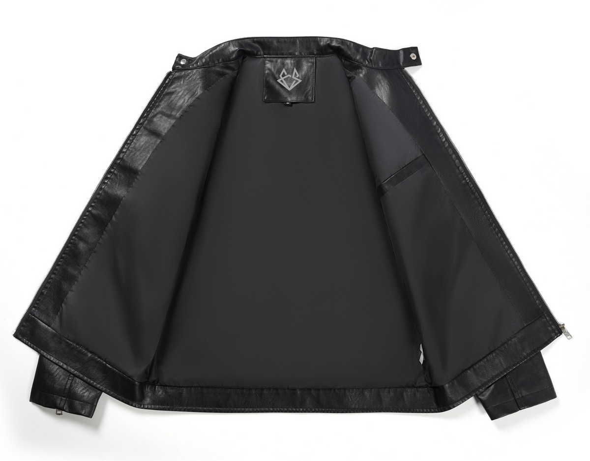 inside of a black biker jacket