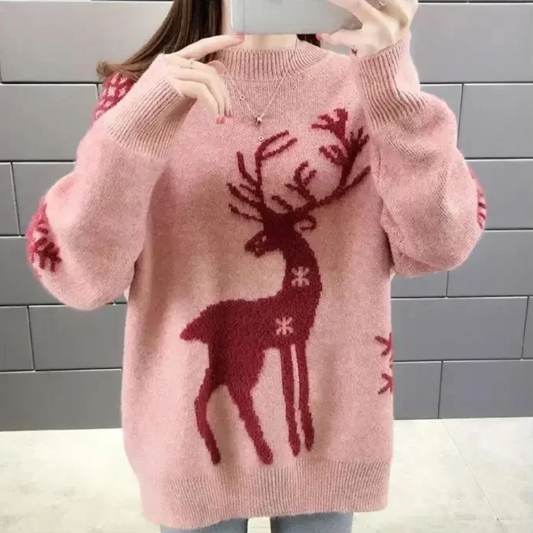 Damen Weihnachtspullover Rentiermotiv Lockere Passform 3