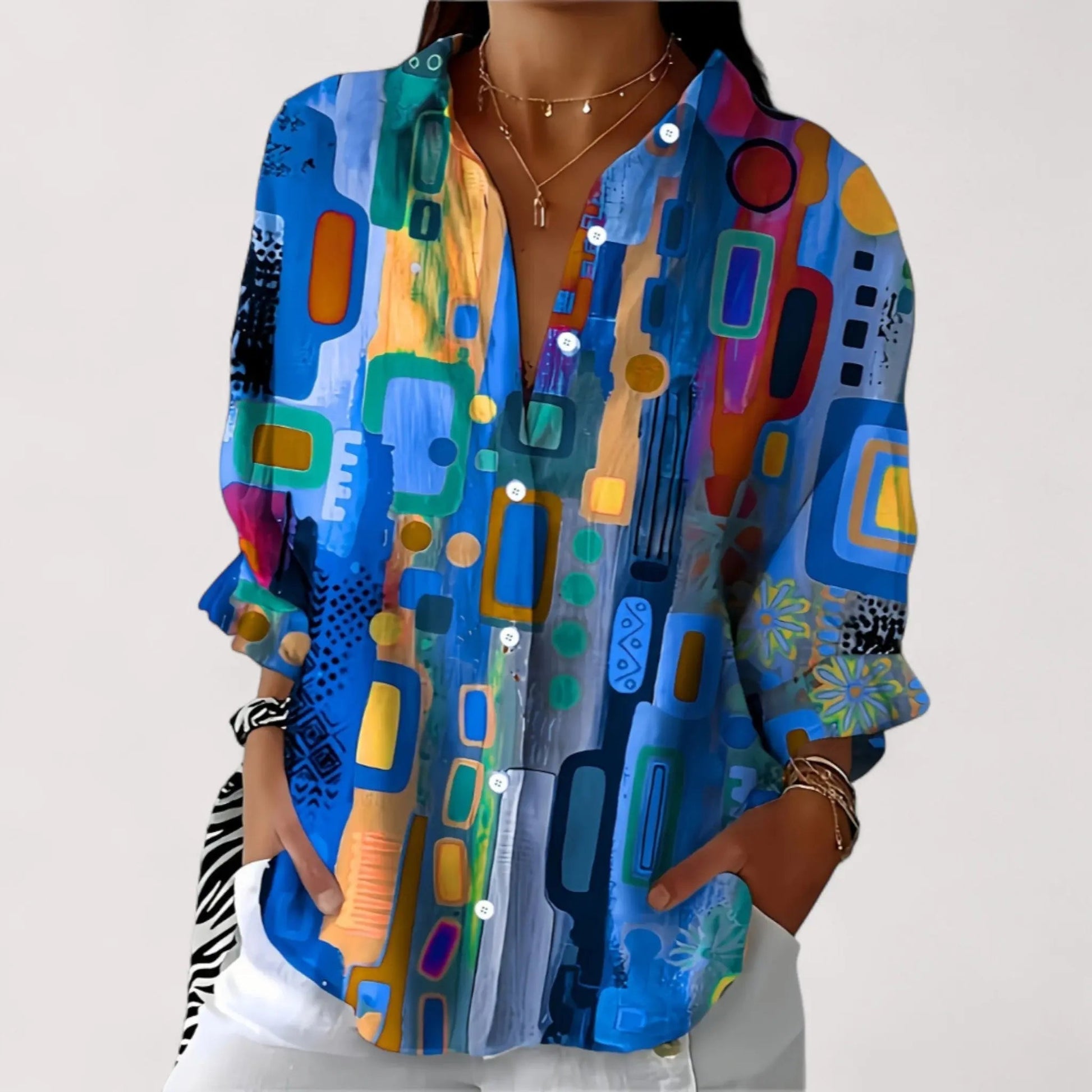 Sommer Bluse Damen | Bunter Kunstprint & Knopfleiste