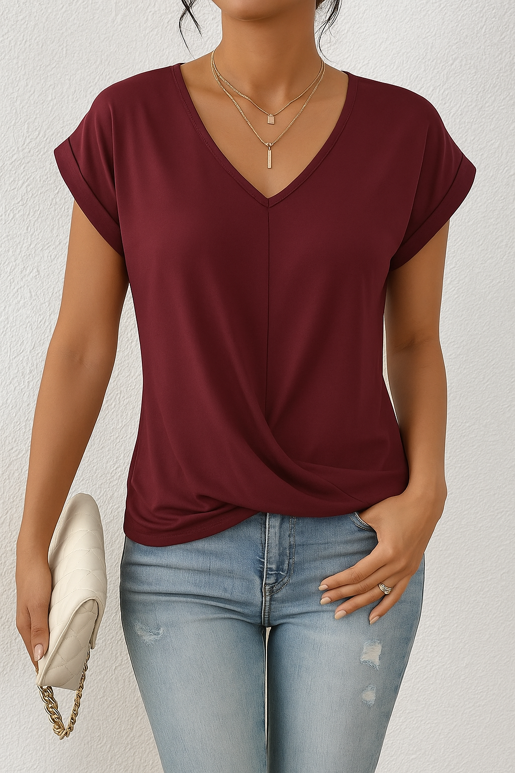 V Ausschnitt Shirt Damen | Twist-Detail & Kurzarm