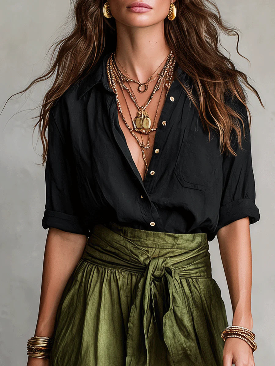 Sommer Zweiteiler Damen | Fließender Midirock & Stilvolles Hemd