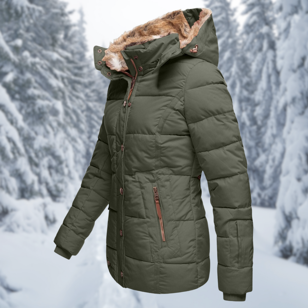 Damen Winterjacke Fellkapuze Taschen Reißverschluss Warm 1