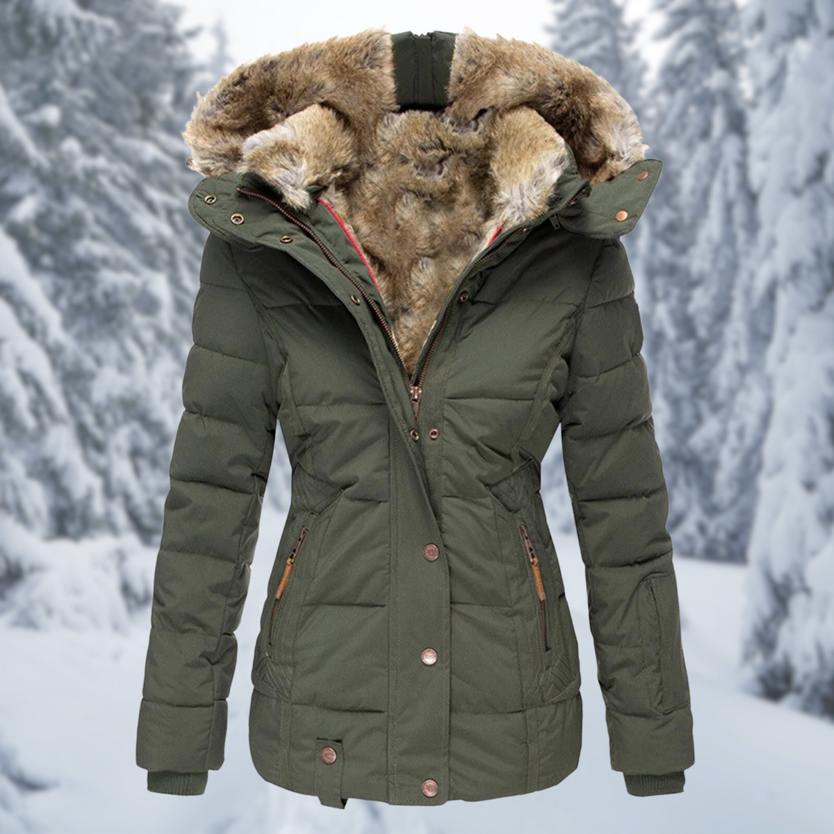 Damen Winterjacke Fellkapuze Taschen Reißverschluss Warm 5