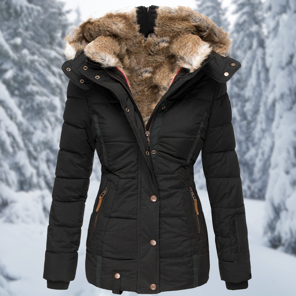Damen Winterjacke Fellkapuze Taschen Reißverschluss Warm 7