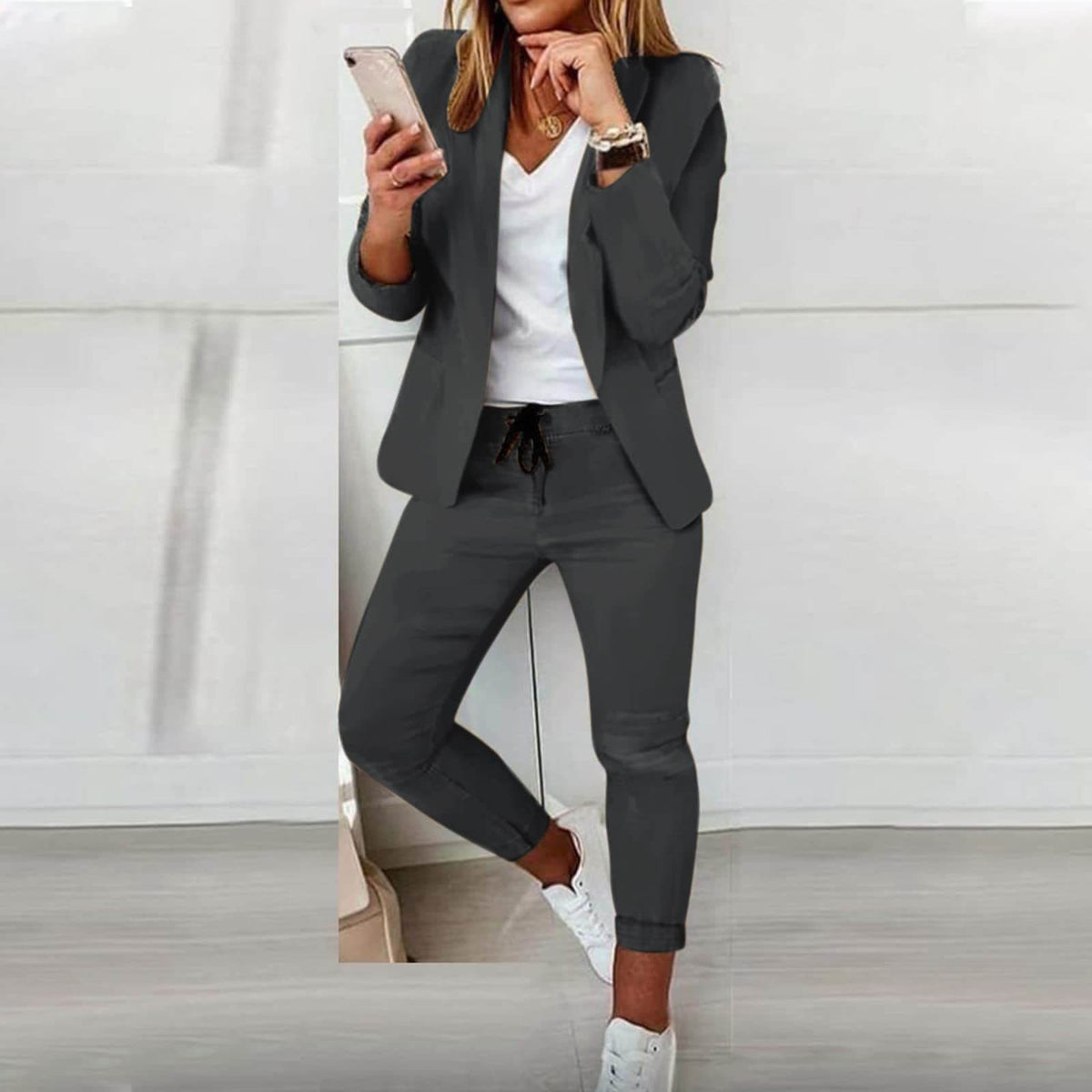 Damen Blazer Set 2-teilig Knopfleiste Hosenanzug Büro 6