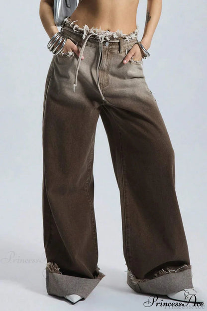 Weite Jeans Damen | Farbverlauf & Fransensaum-Detail