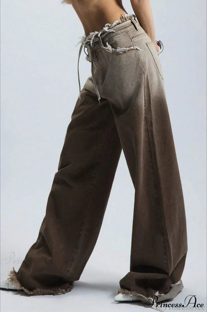 Weite Jeans Damen | Farbverlauf & Fransensaum-Detail