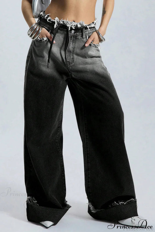 Weite Jeans Damen | Farbverlauf & Fransensaum-Detail