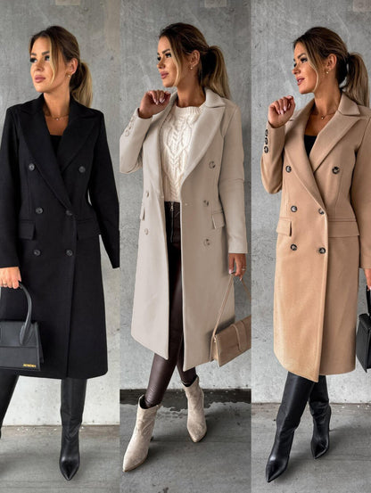Edlmara | Damen Langer Wintermantel Doppelreihig - Taupe - Image 6