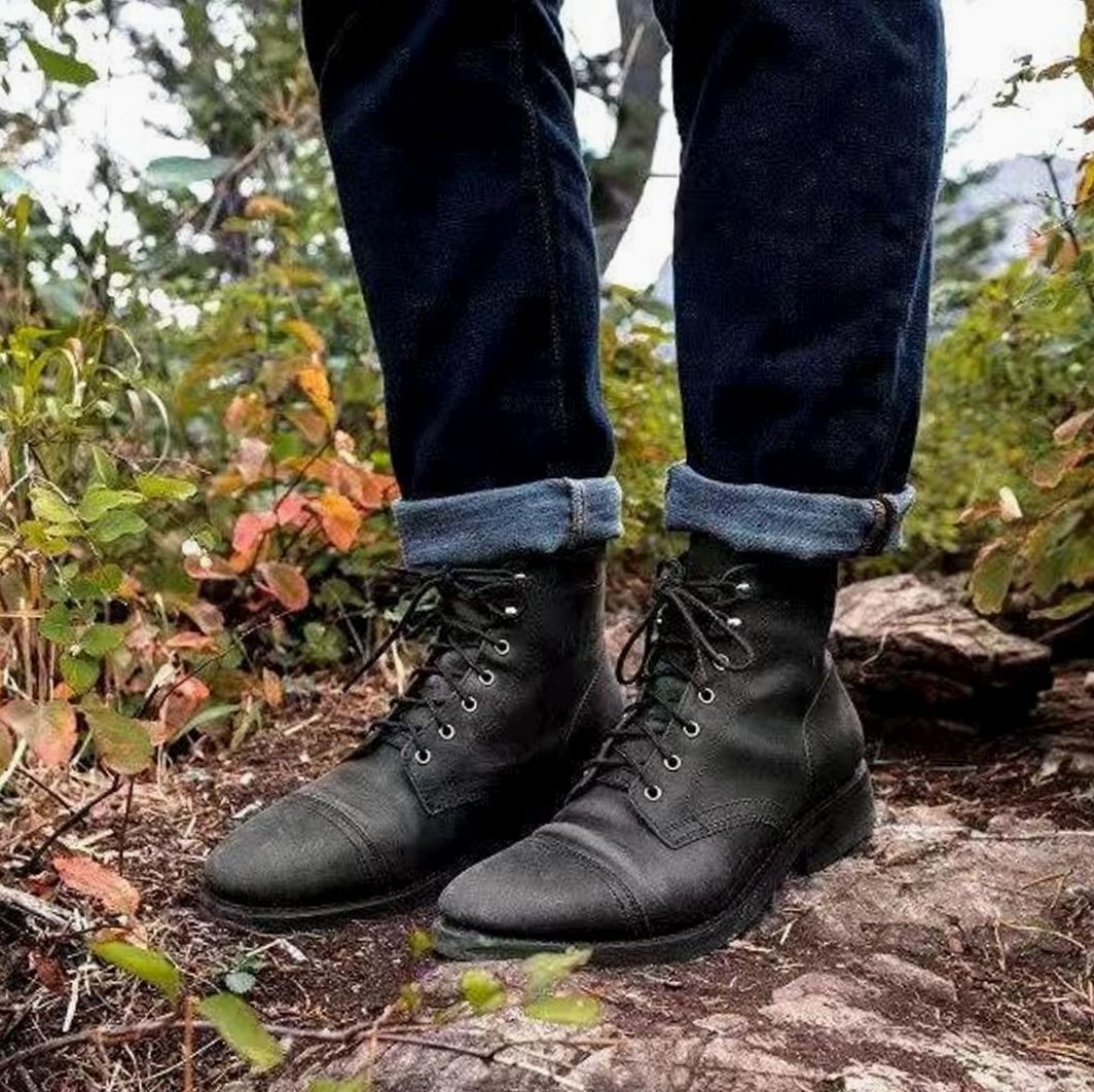 Close-up of the lace-up design on insulated men's winter boots