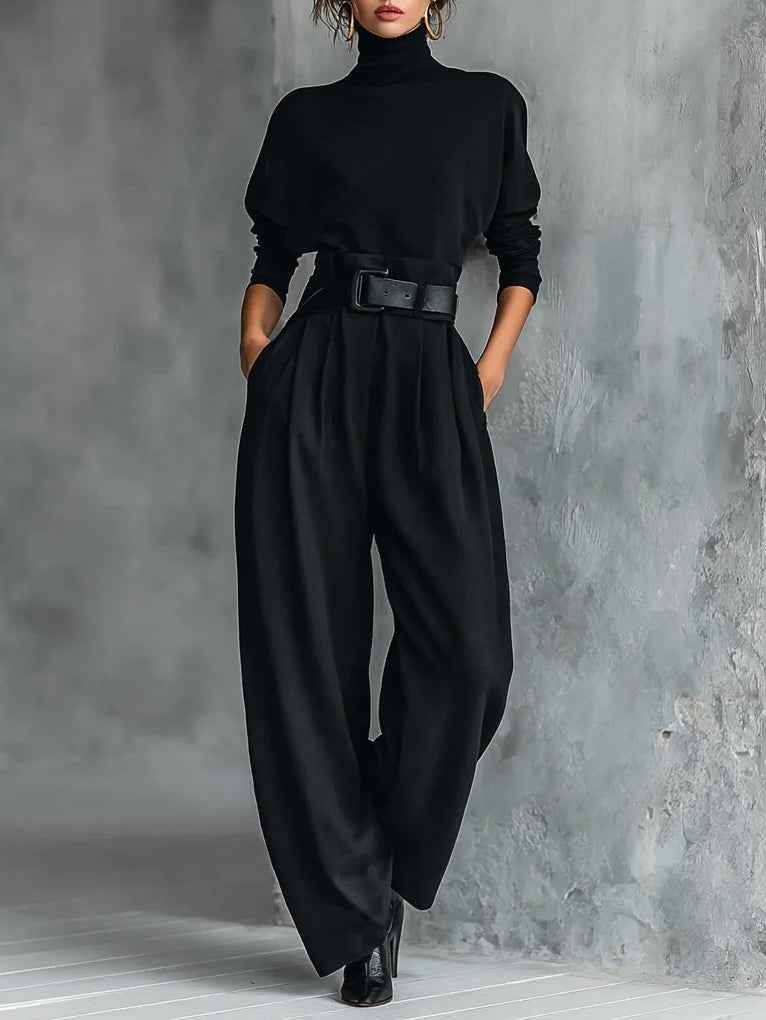 All-black Turtleneck Long-sleeved T-shirt And Straight-leg Pants Two-piece Set (including Belt)