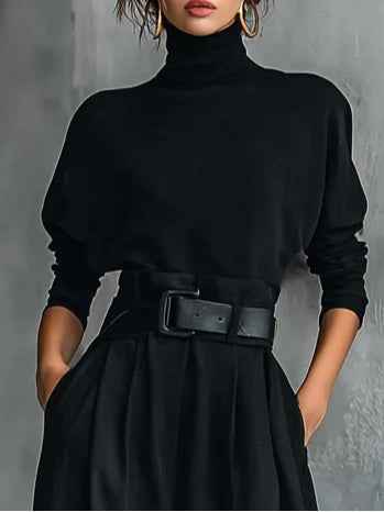 All-black Turtleneck Long-sleeved T-shirt And Straight-leg Pants Two-piece Set (including Belt)