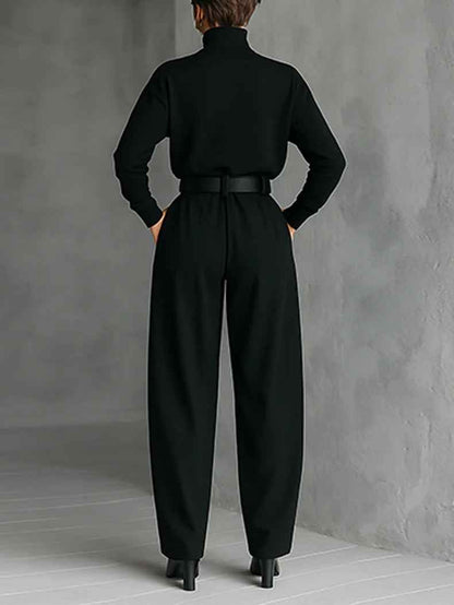 All-black Turtleneck Long-sleeved T-shirt And Straight-leg Pants Two-piece Set (including Belt)