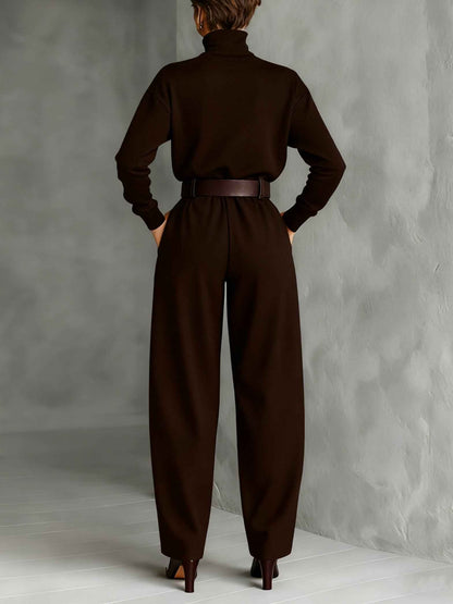 All-black Turtleneck Long-sleeved T-shirt And Straight-leg Pants Two-piece Set (including Belt)