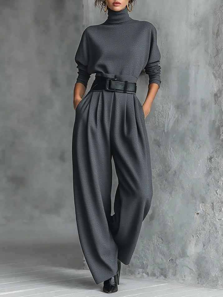 All-black Turtleneck Long-sleeved T-shirt And Straight-leg Pants Two-piece Set (including Belt)