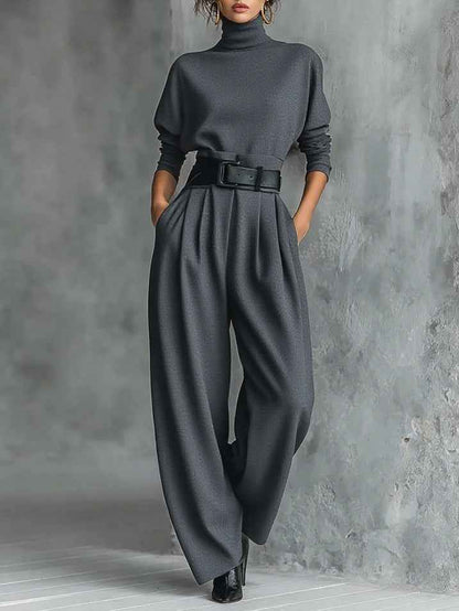 All-black Turtleneck Long-sleeved T-shirt And Straight-leg Pants Two-piece Set (including Belt)