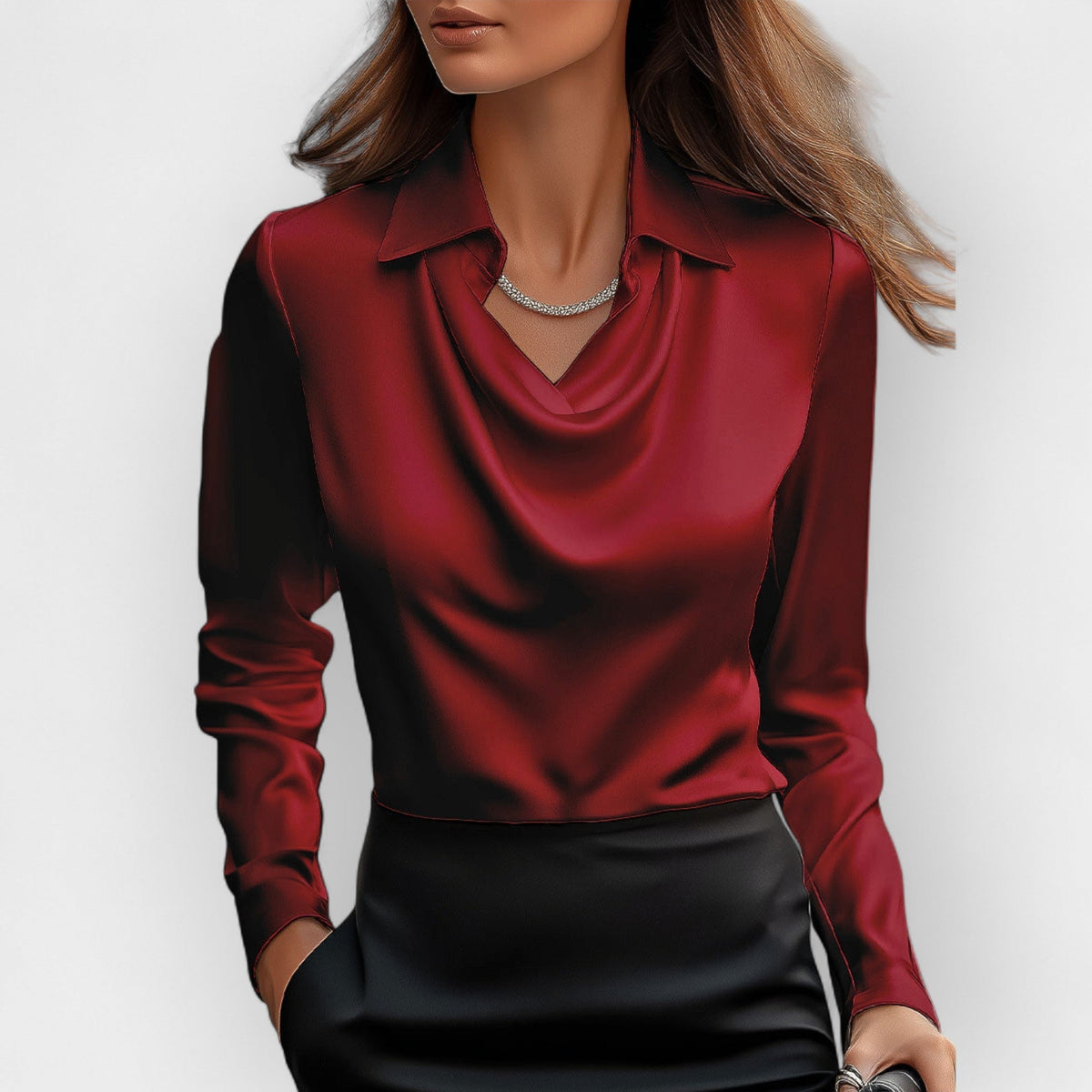Bluse Damen | Wasserfallkragen & Edler Glanz 4