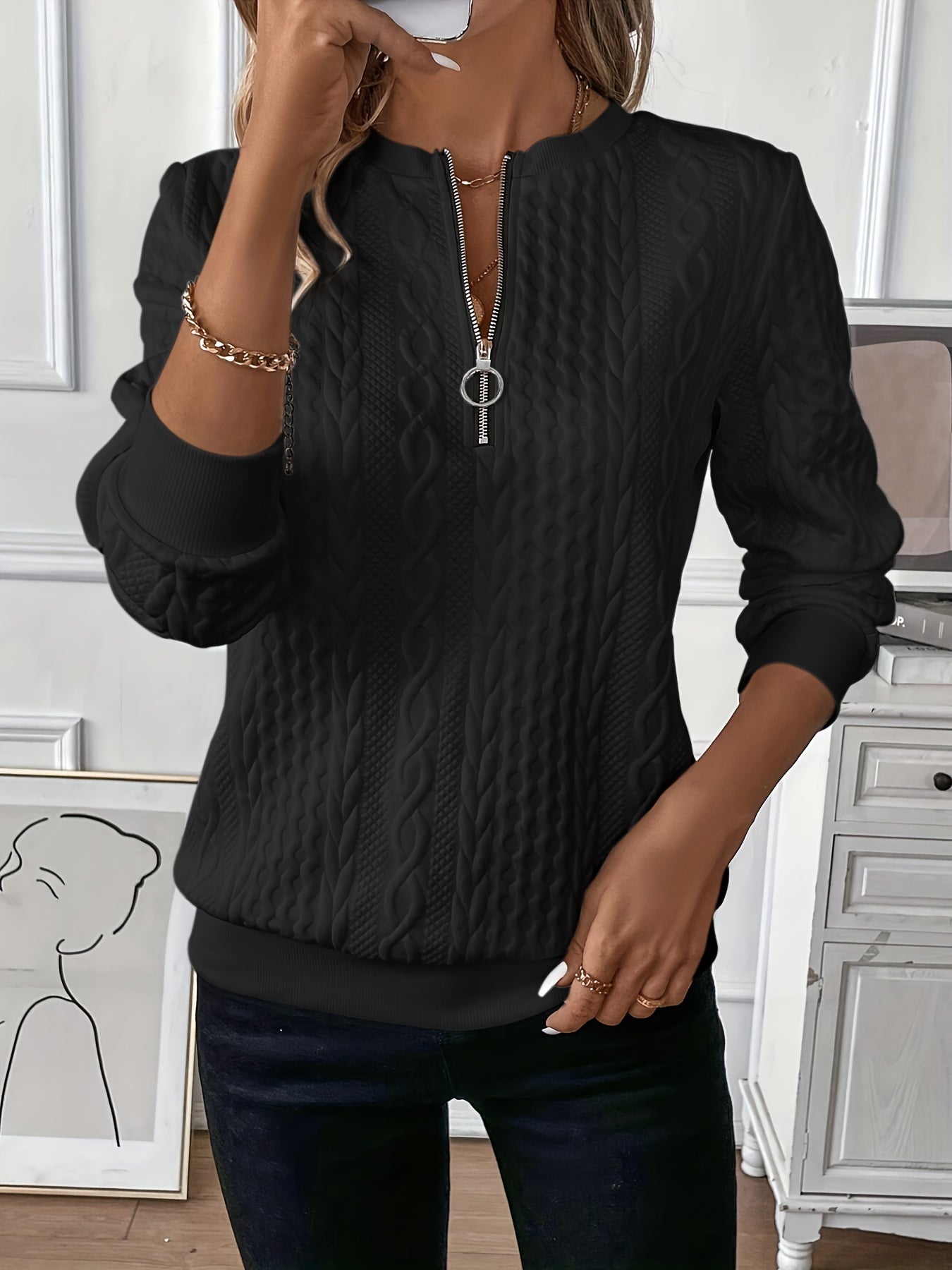 Zip Pullover Damen | Bequem mit Zopfmuster