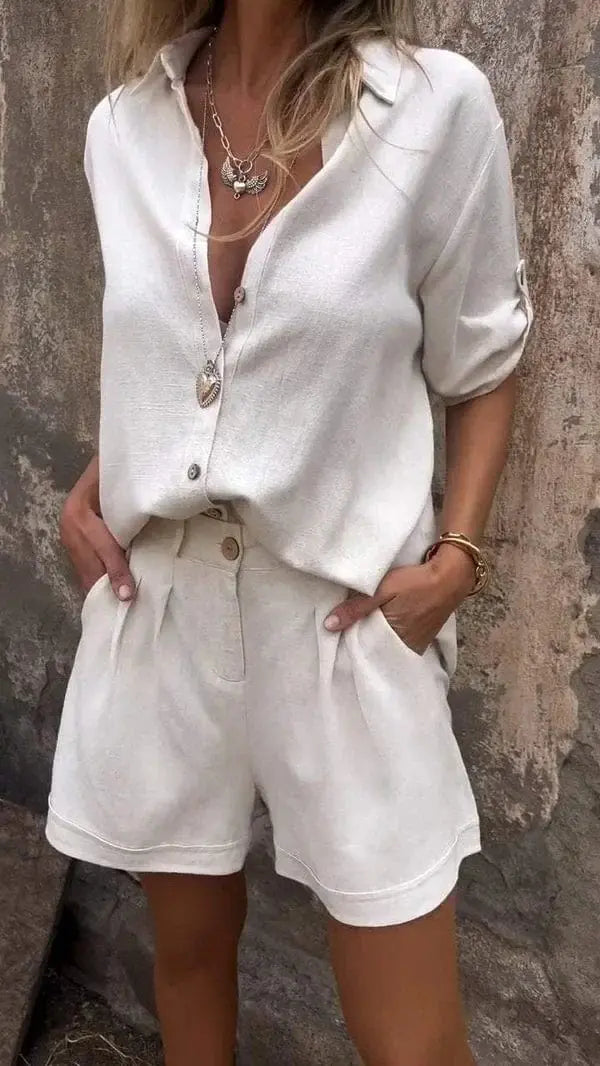 Zweiteiler Damen Sommer | Hemdbluse & Shorts im Leinen-Look